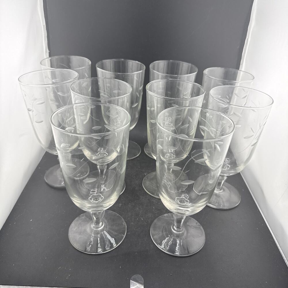 Vintage Libbey Windswept Etched Glass Goblets Set of 10 Mid Century